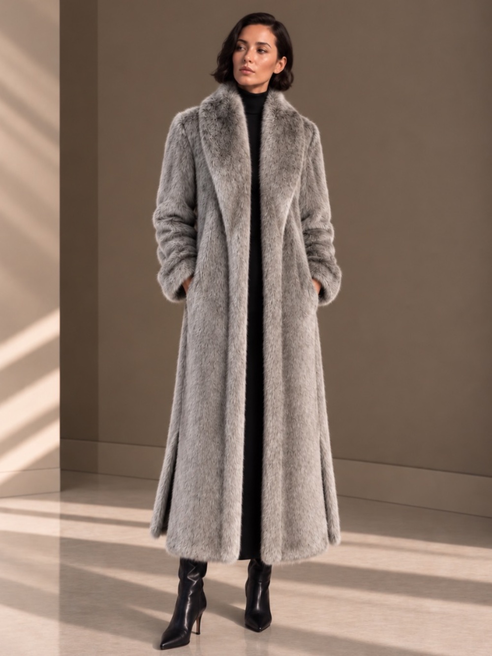Dennis Basso Silver Grey Full Length Faux Mink Tuxedo Coat Large